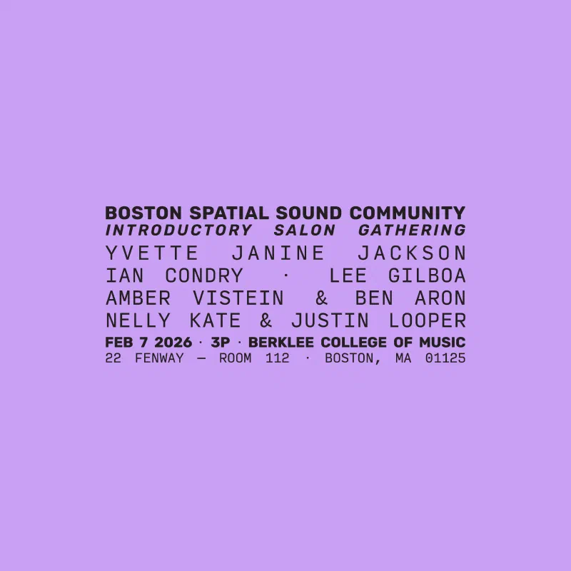 Boston Spatial Sound Community flyer; a square lilac color field with a rectangular block of all-caps san serif text justified in the center. 